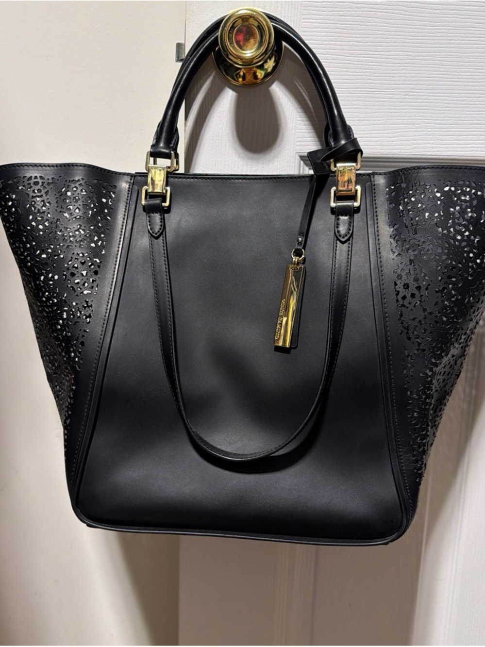 Vince Camuto Black Tote with Gold Hardware and Laser-Cut Sides